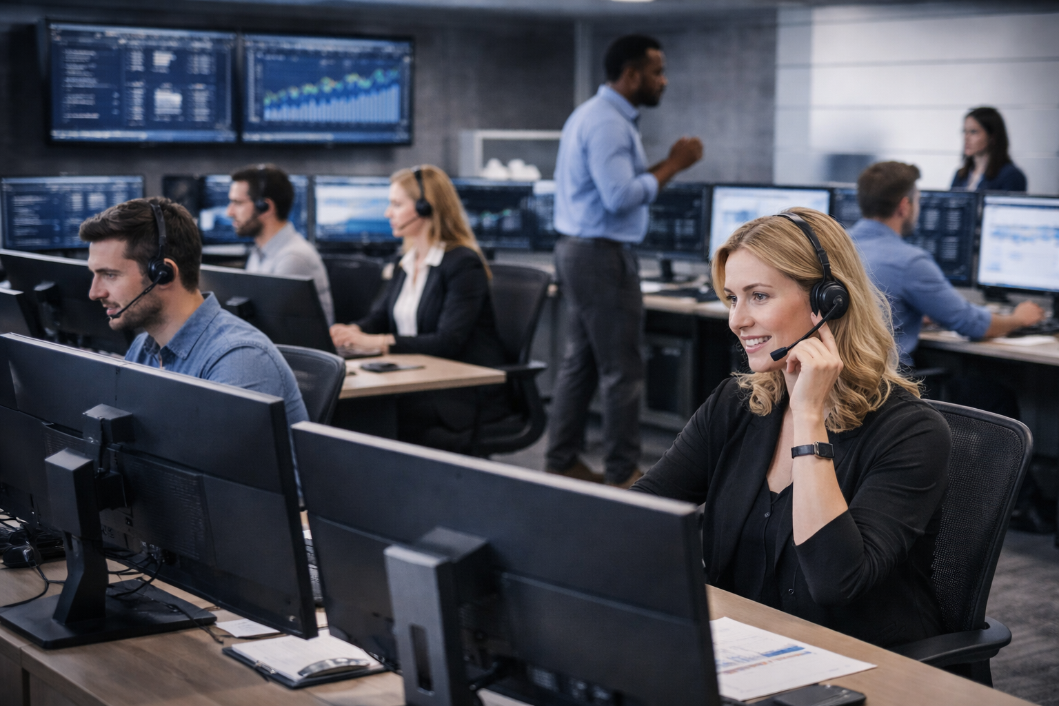 A modern office space with a team collaborating.